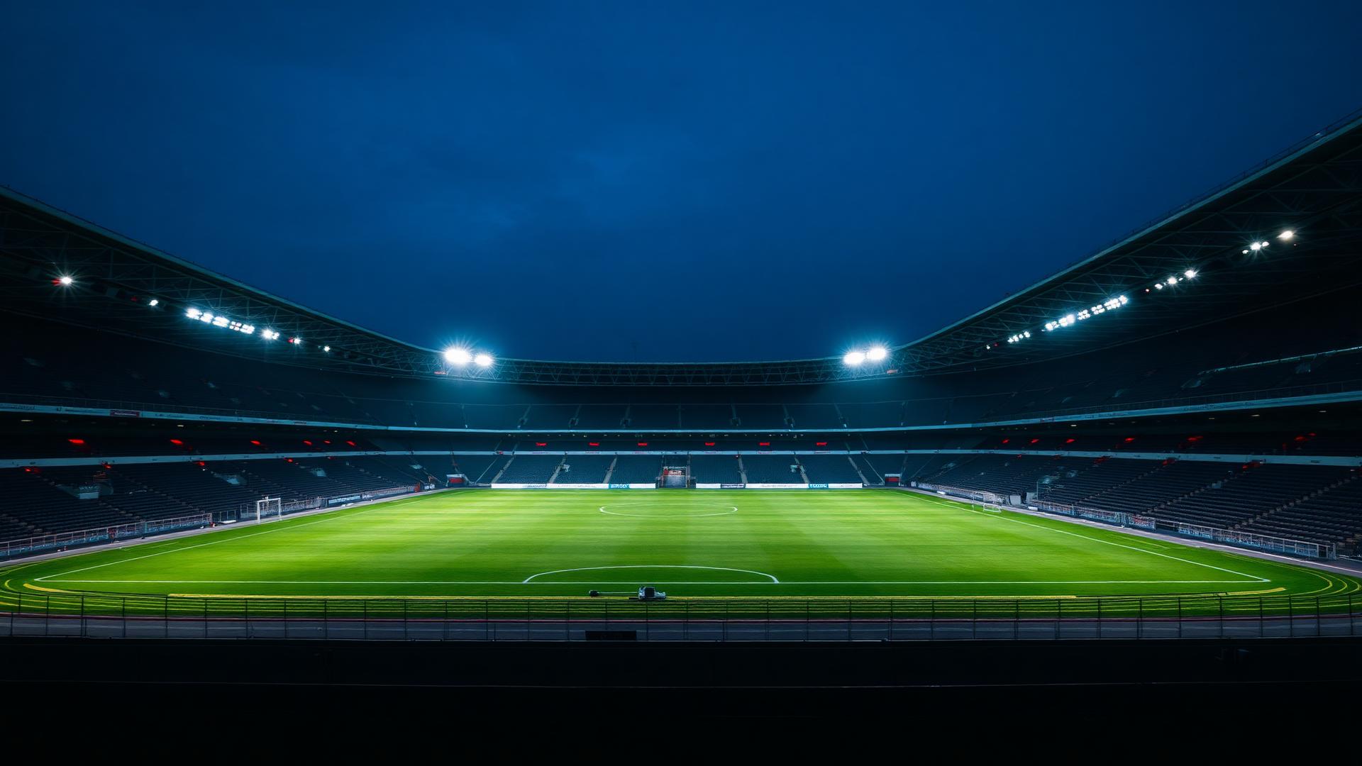 Floodlit stadium at dusk